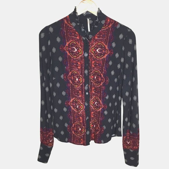 FREE PEOPLE Wishing Well Border Boho Button Blouse Midnight Rust S/P Festival - Picture 1 of 8
